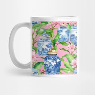 Chinoiserie jars and banana leaves on pink Mug